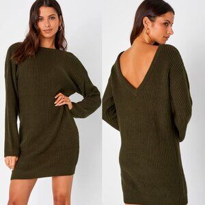 LULUS Bringing Sexy Back Olive Green Backless Sweater Dress Fall Winter XS